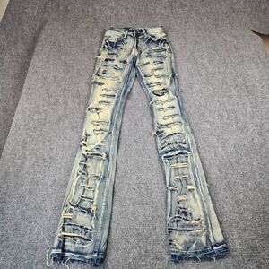 Taker Mens Distressed Flare Jeans Light Wash Shredded Denim Stretch